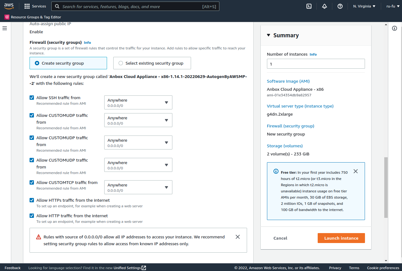 Configure the security group