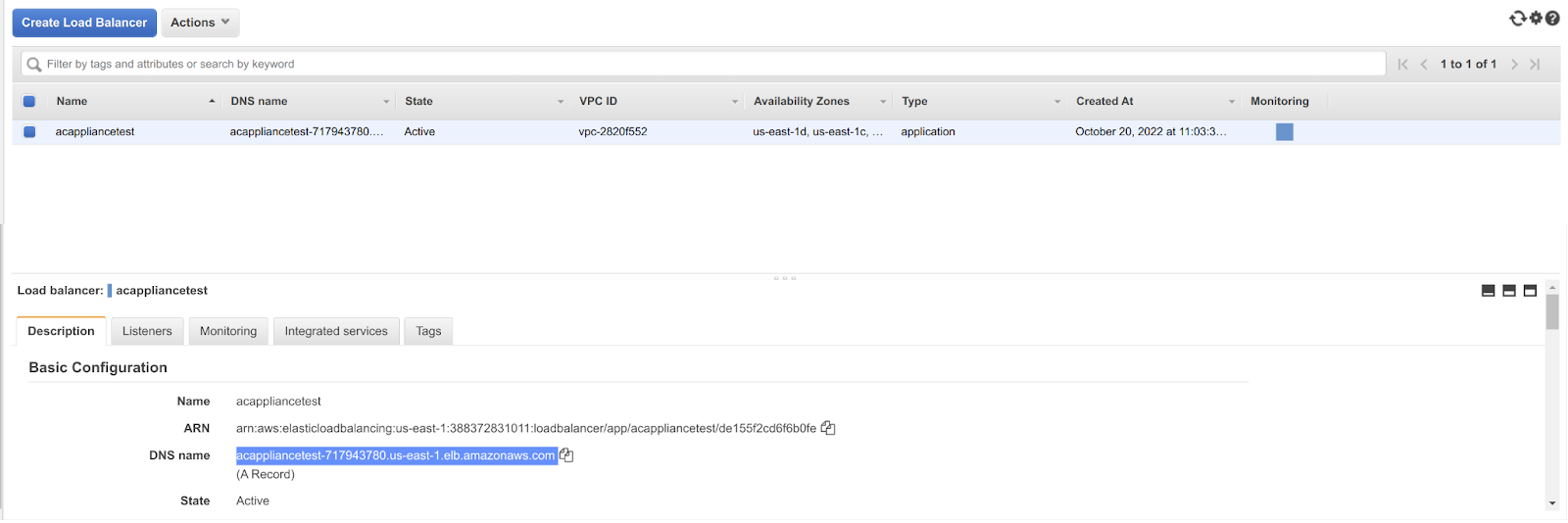 DNS name of the load balancer