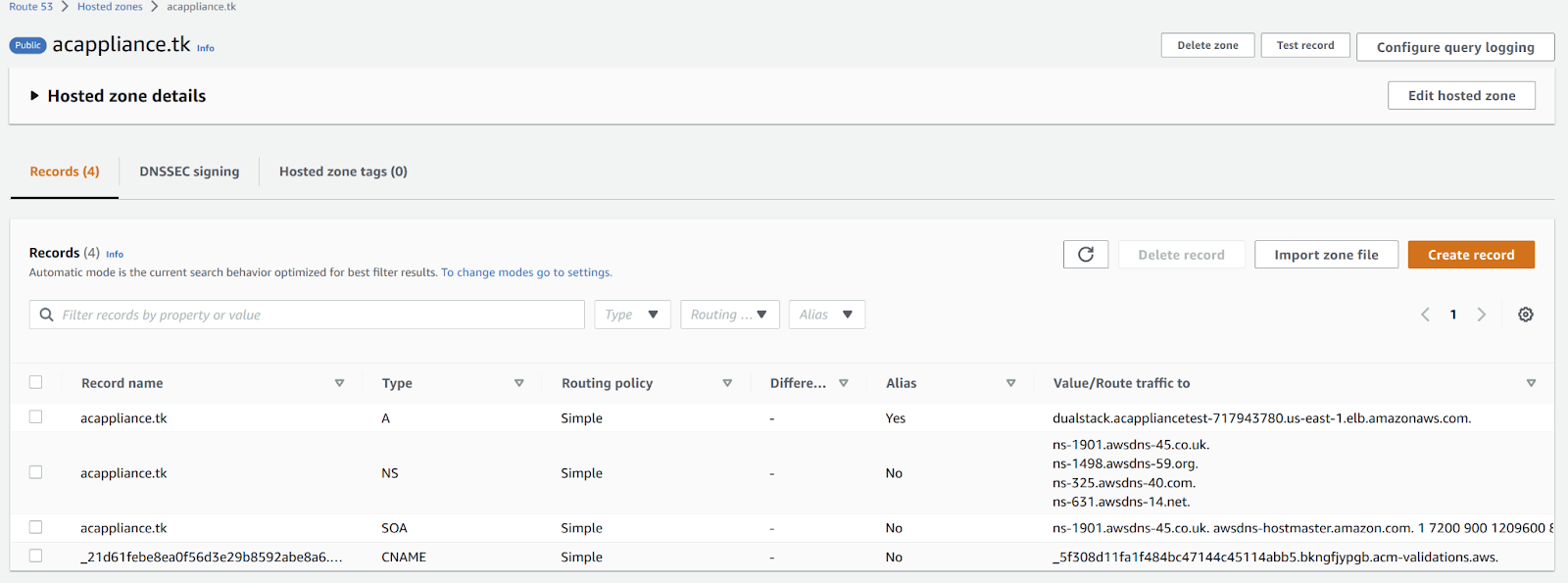 DNS records for the public hosted zone