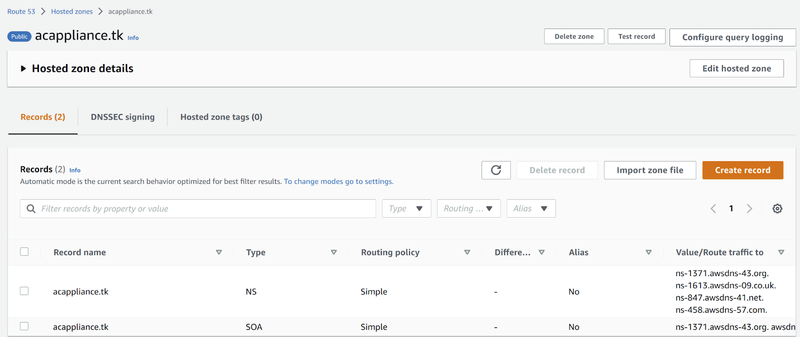 AWS public hosted zone