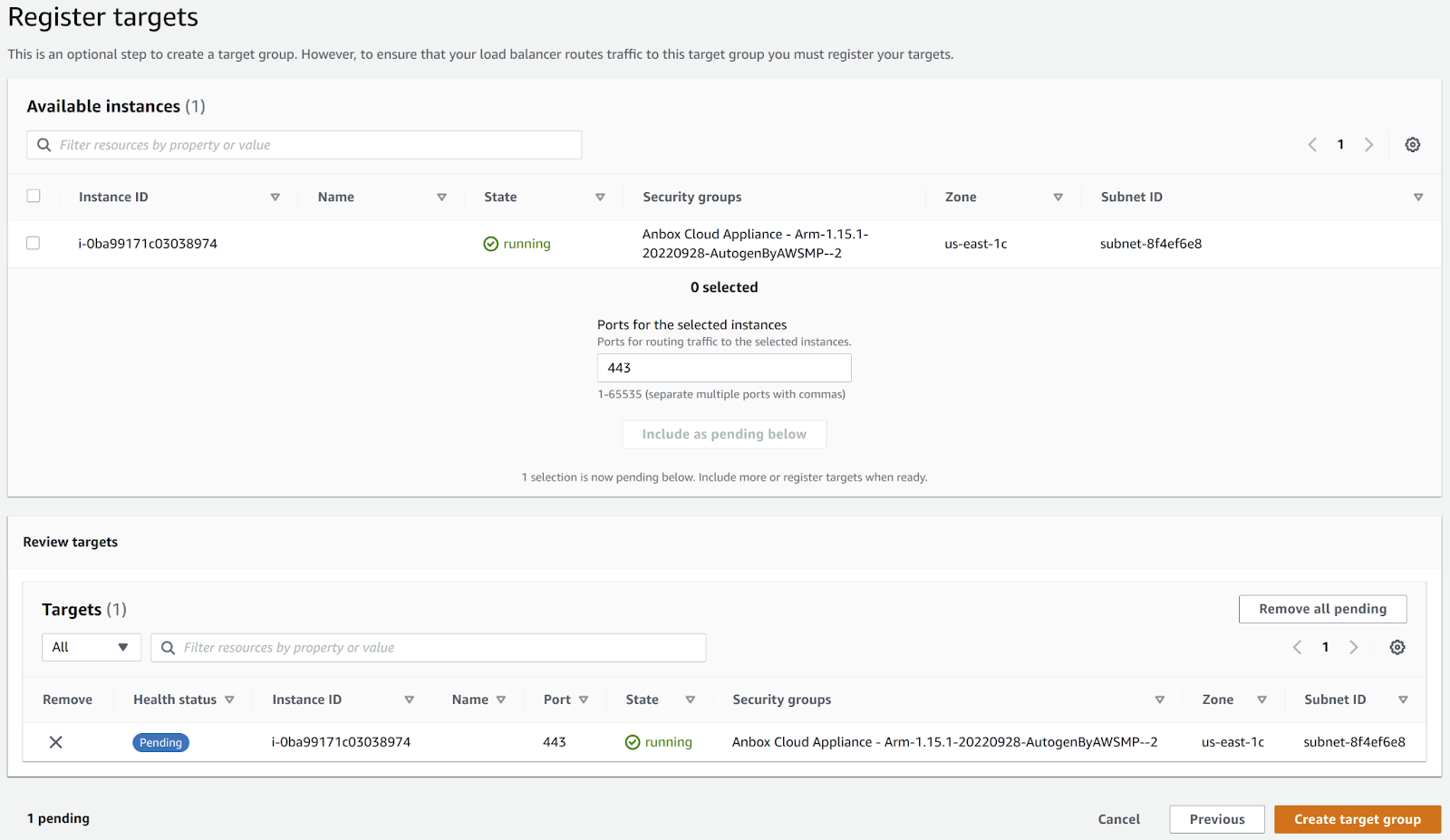 Create a target group for the appliance