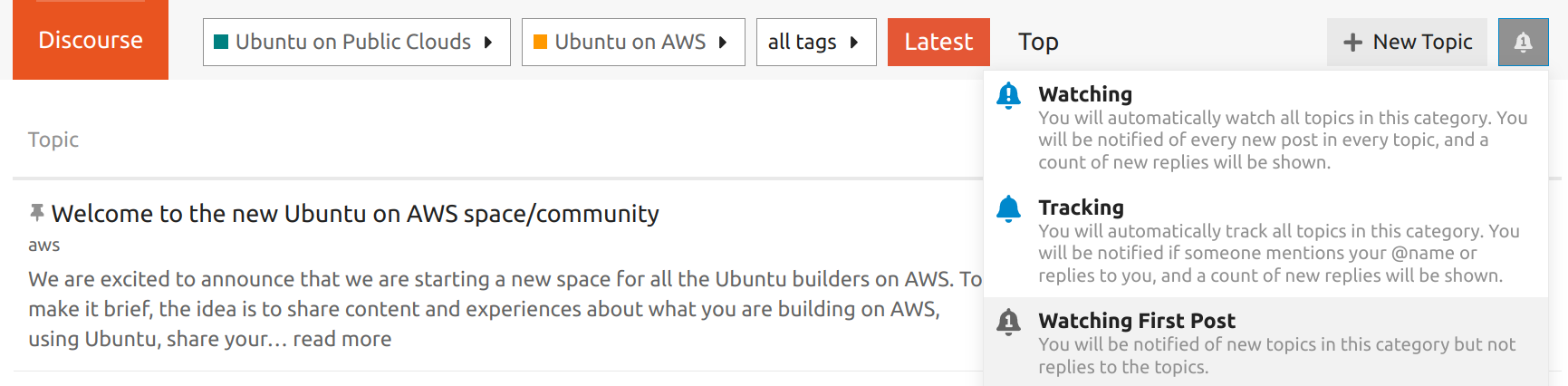 This image shows the expanded notification bell on the Ubuntu on AWS discourse category