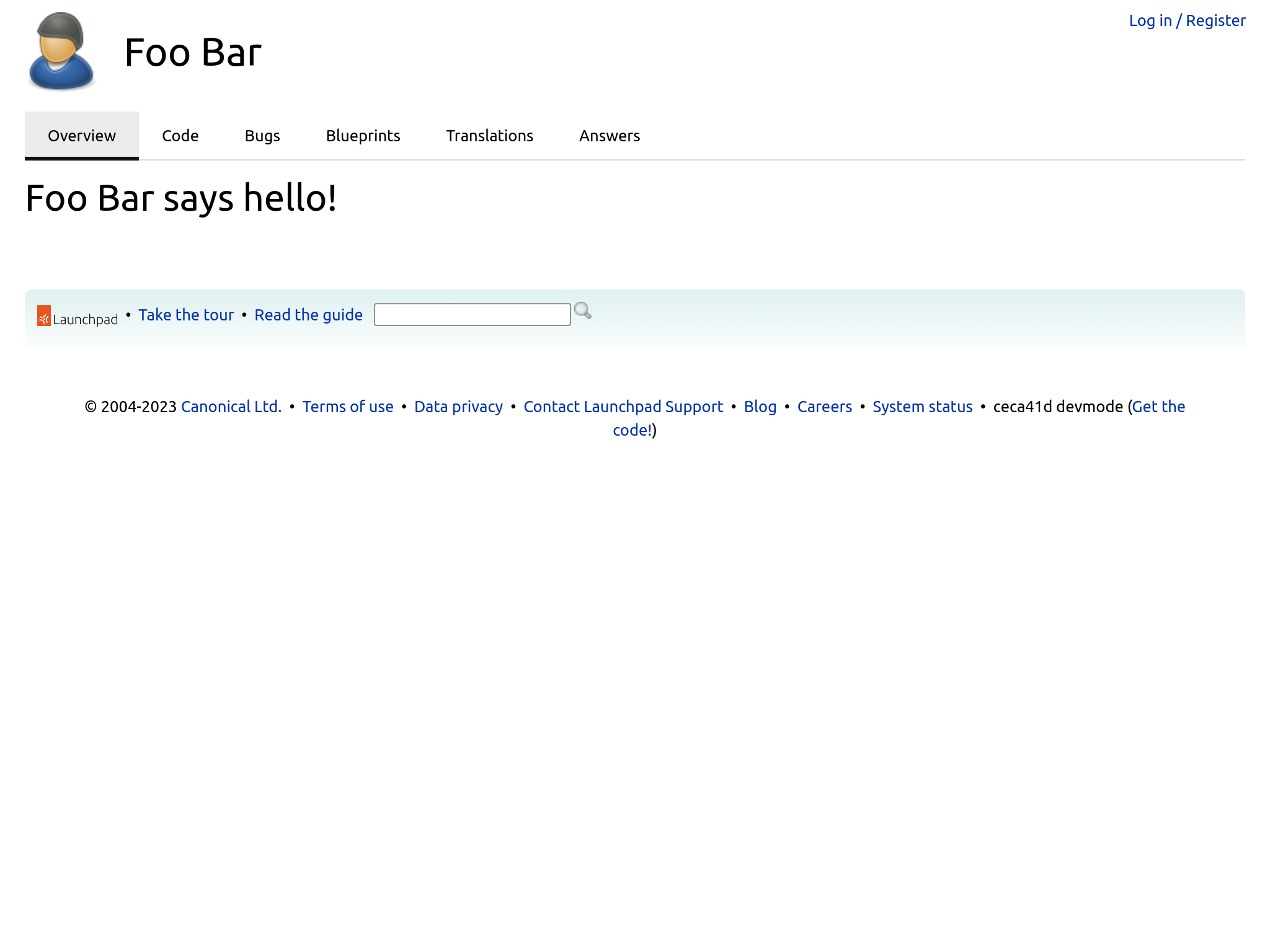 A screenshot of a Launchpad page showing a hello message from a user