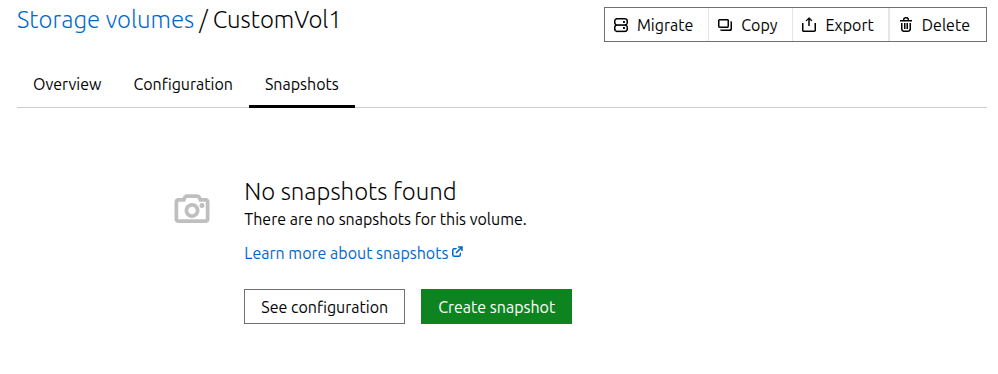LXD Storage Volumes - Snapshots tab