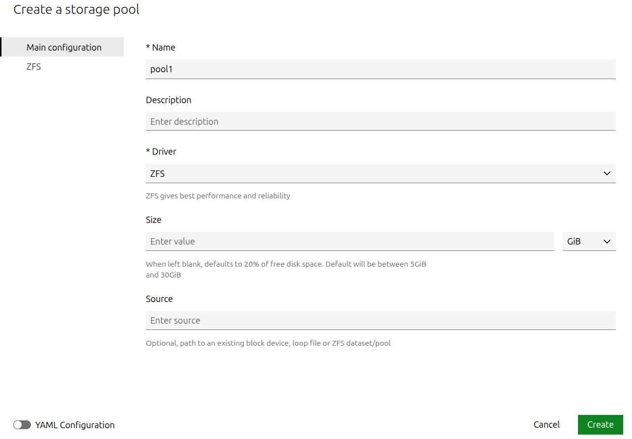 Create a storage pool in LXD