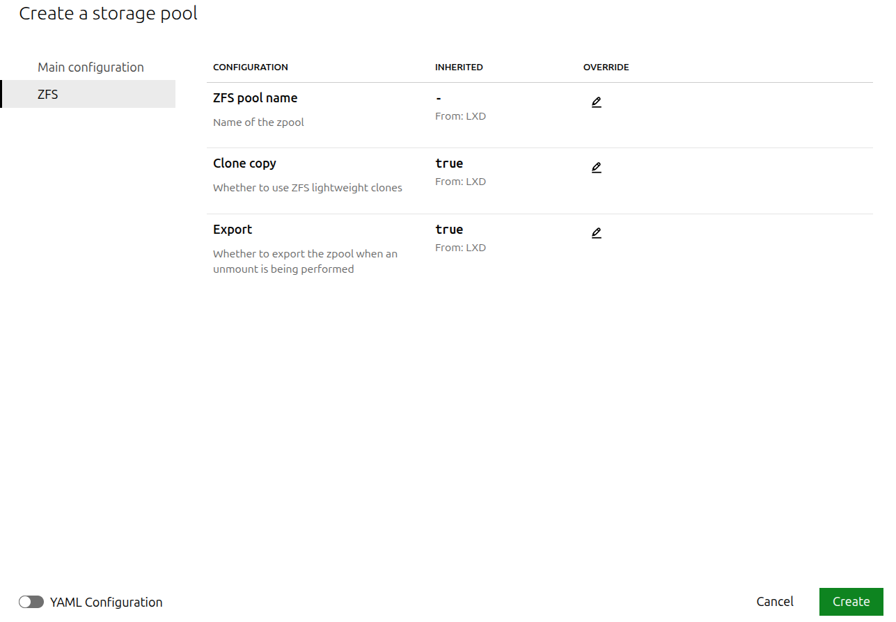 Storage pool options for driver ZFS in LXD-UI