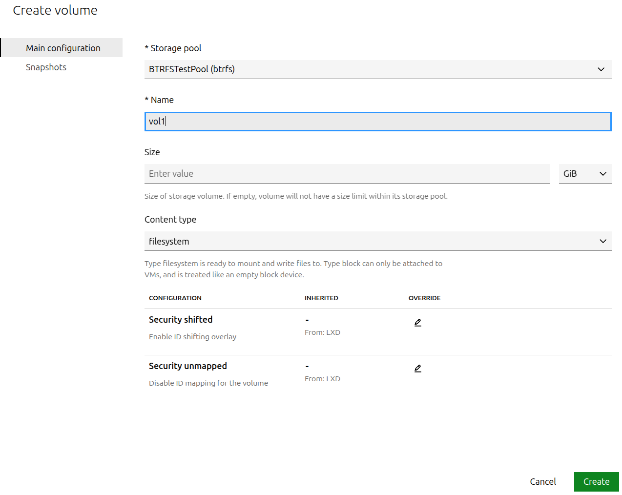 Create a storage volume in LXD