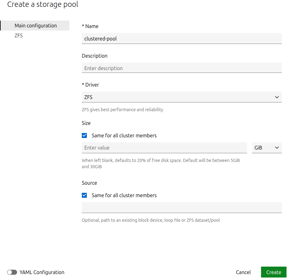 Create a storage pool in a clustered LXD environment