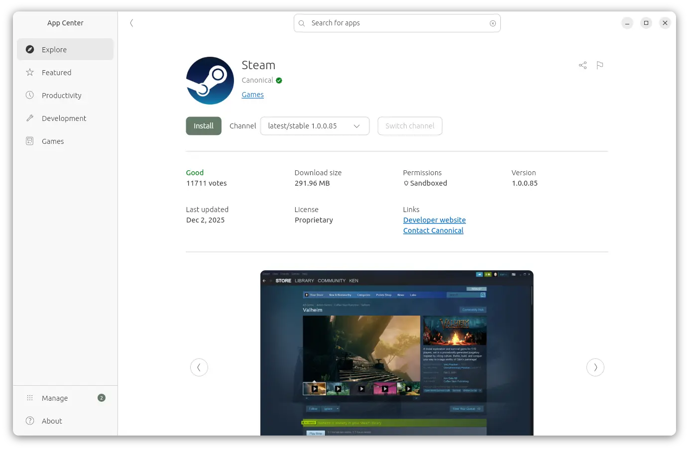 Installation page for Steam in App Center.