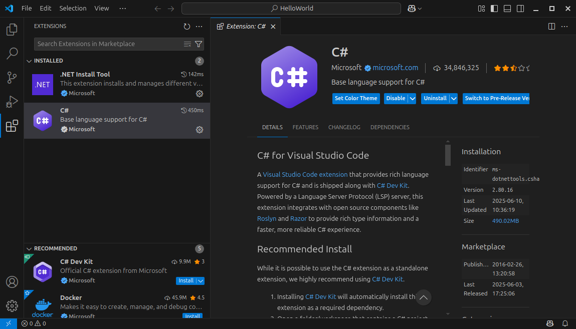 C# extension entry in the Visual Studio Code extensions tab