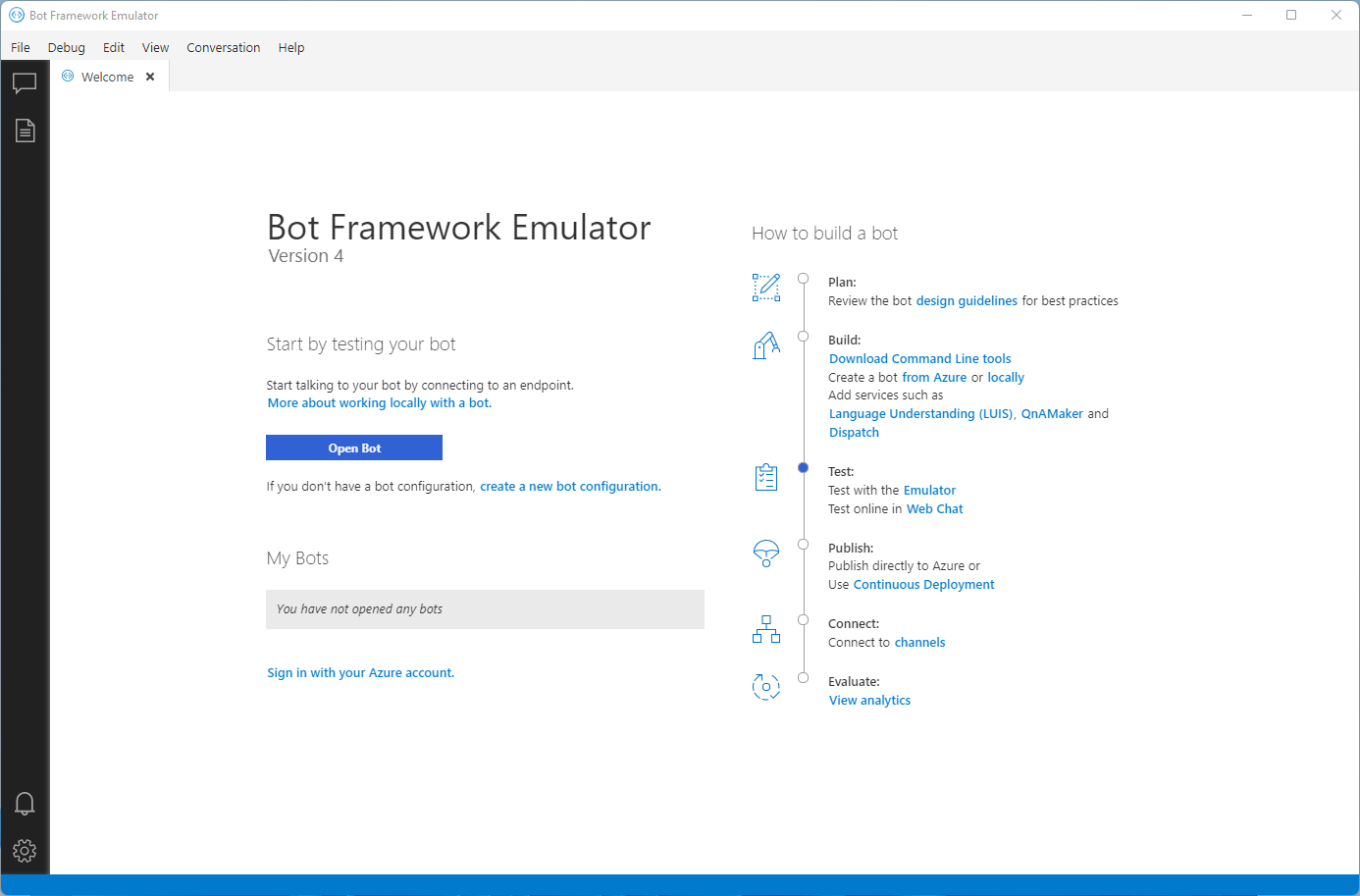 Bot Framework Emulator homepage.