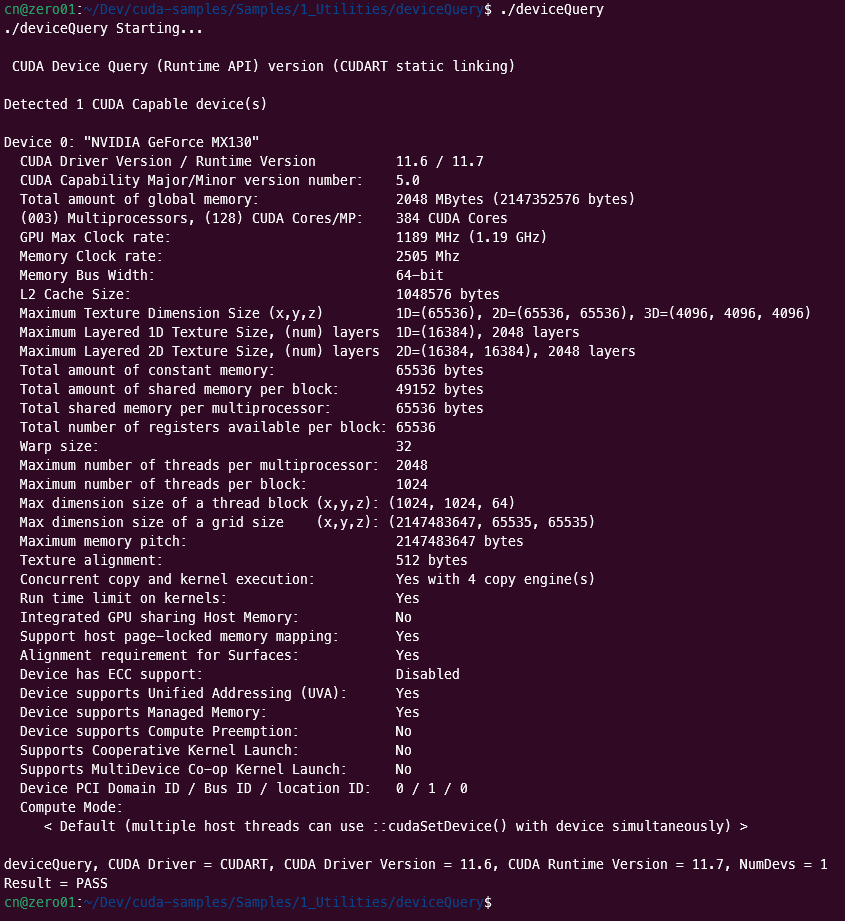 Terminal output showing the results of running the device query sample application.