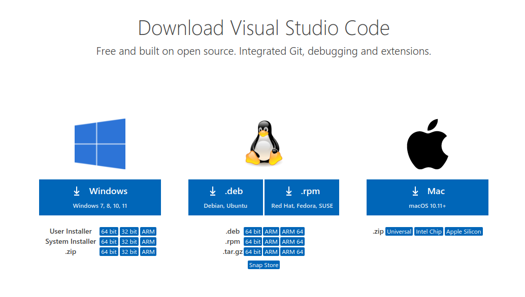 Visual Studio Code download page showing download options for Windows, Linux, and Mac.