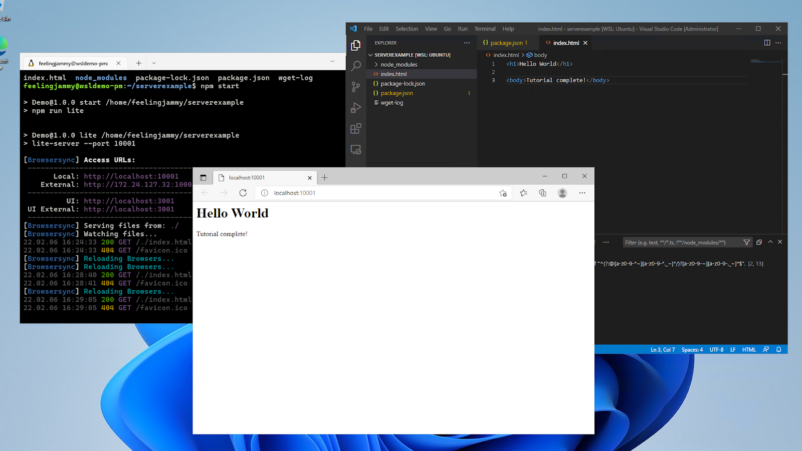 Windows desktop showing a web server being run from a terminal with "npm start", A Visual Studio Code project with a "hello world" html file, and a web browser showing the "hello world" page being served on local host.