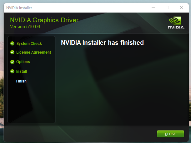 NVIDIA Graphics Driver installation success page.