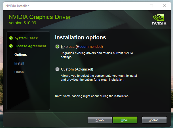 NVIDIA Graphics Driver installation options with "Express" checked.