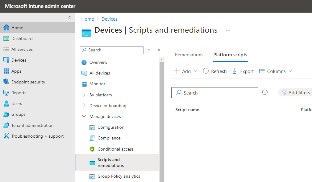 Platform scripts revealed under Devices > Scripts and remediations