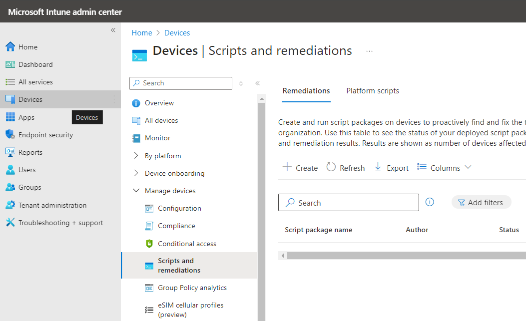 Scripts and remediations option revealed in the Intune portal