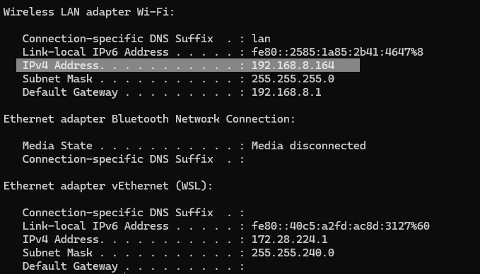 Output of the "ipconfig" command showing network adapter details, including IPv4 addresses for Wi-Fi and WSL.