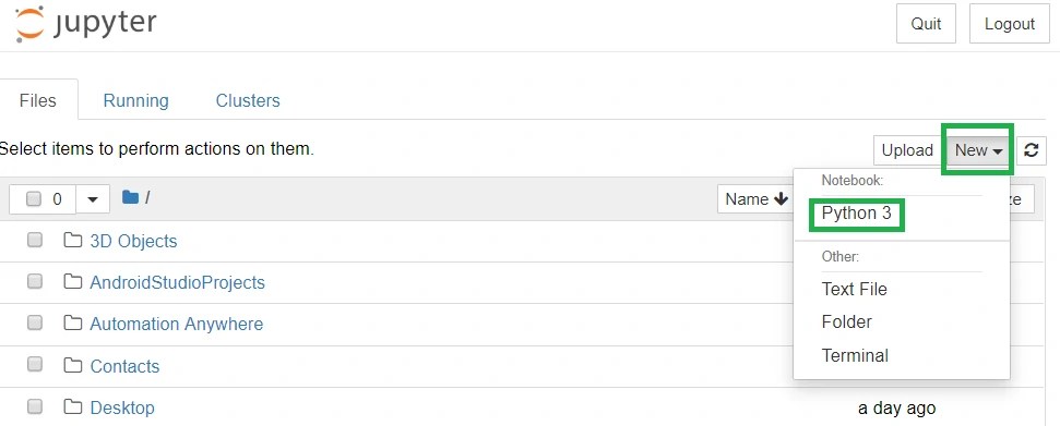 Jupyter interface showing the creation of a new Python 3 notebook. The "New" button is clicked, revealing a dropdown menu with "Python 3" highlighted.