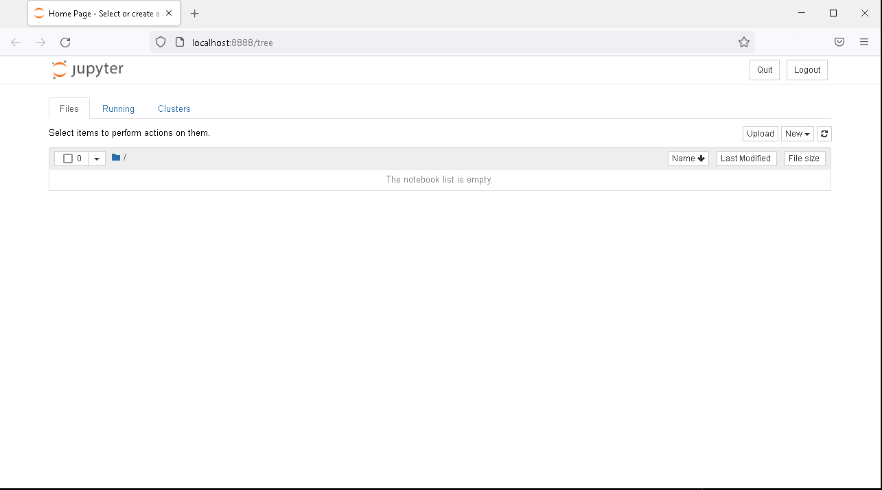 Jupyter Notebook running in a web browser on local host, showing an empty notebook list.