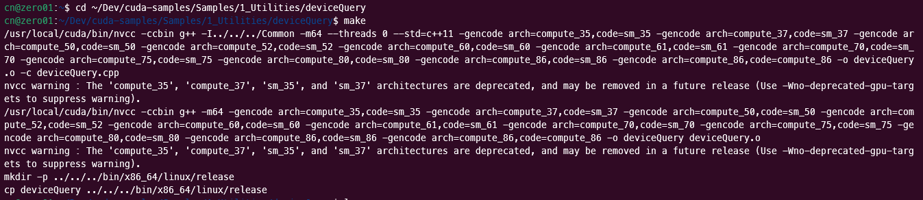 Terminal output showing the successful compilation of a CUDA sample application.