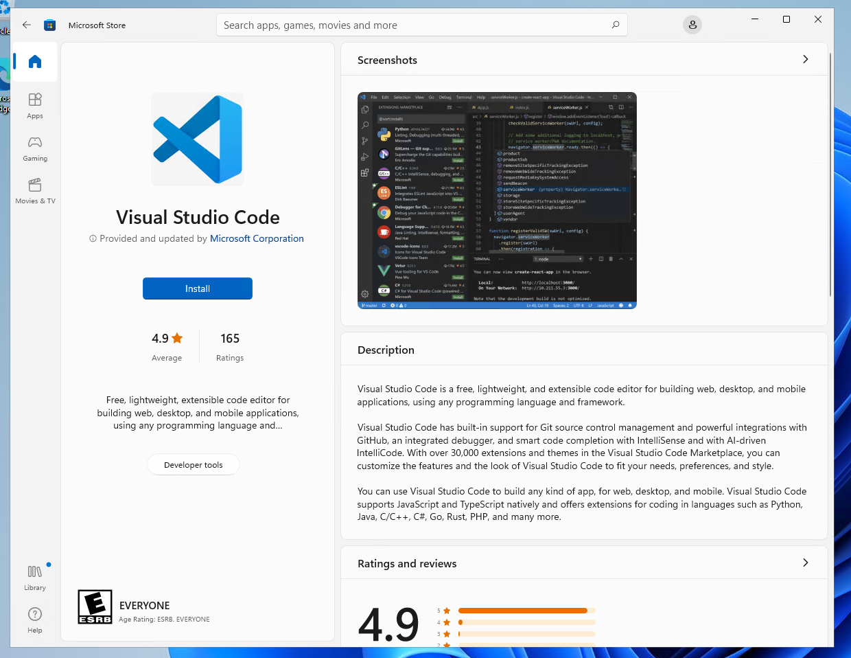 Installation page for Visual Studio Code on the Microsoft Store.