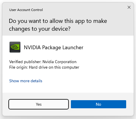 Windows Package Installer confirmation page for NVIDIA Package Launcher.