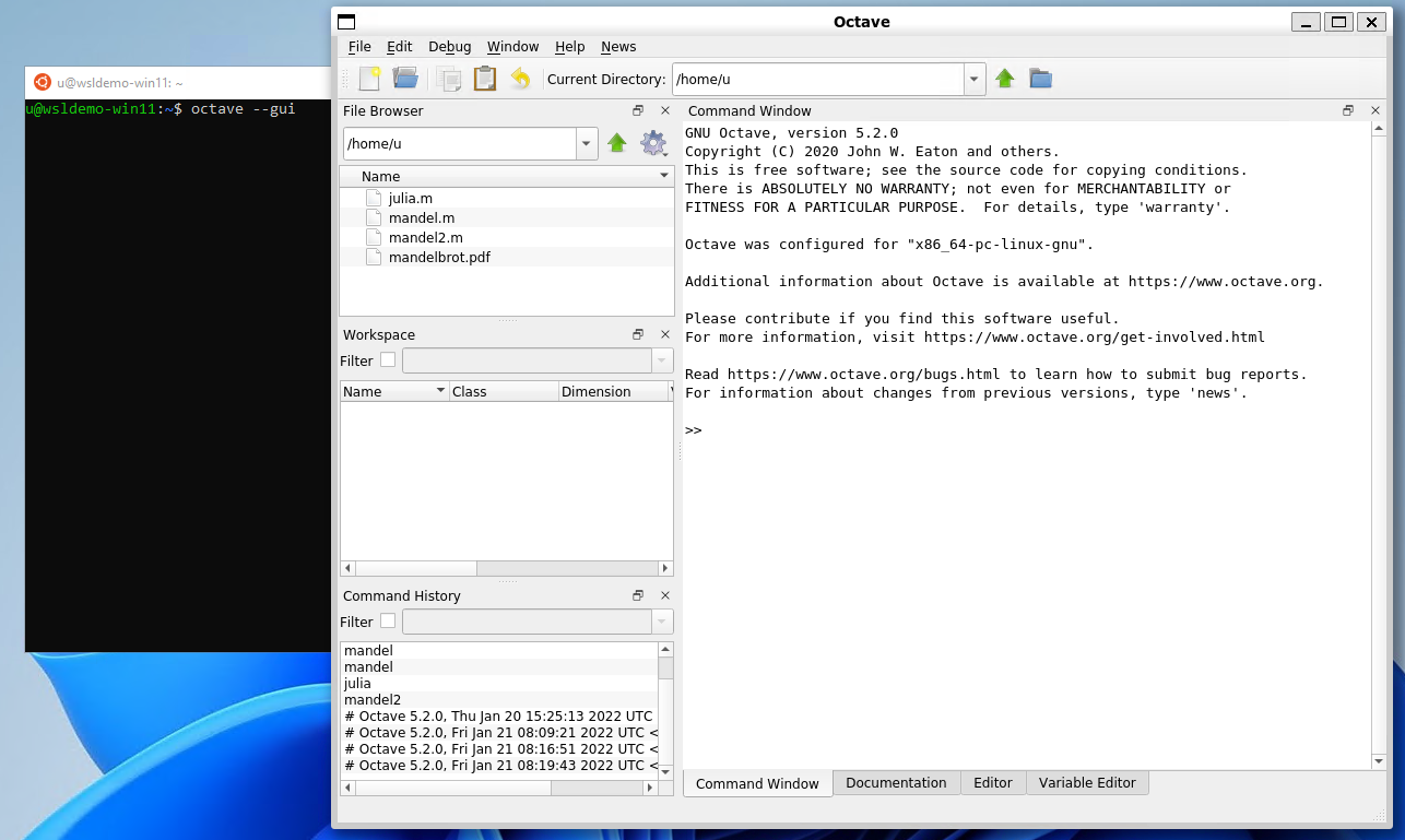 Octave graphical interface running after the "octave" command was run with the gui flag in WSL.