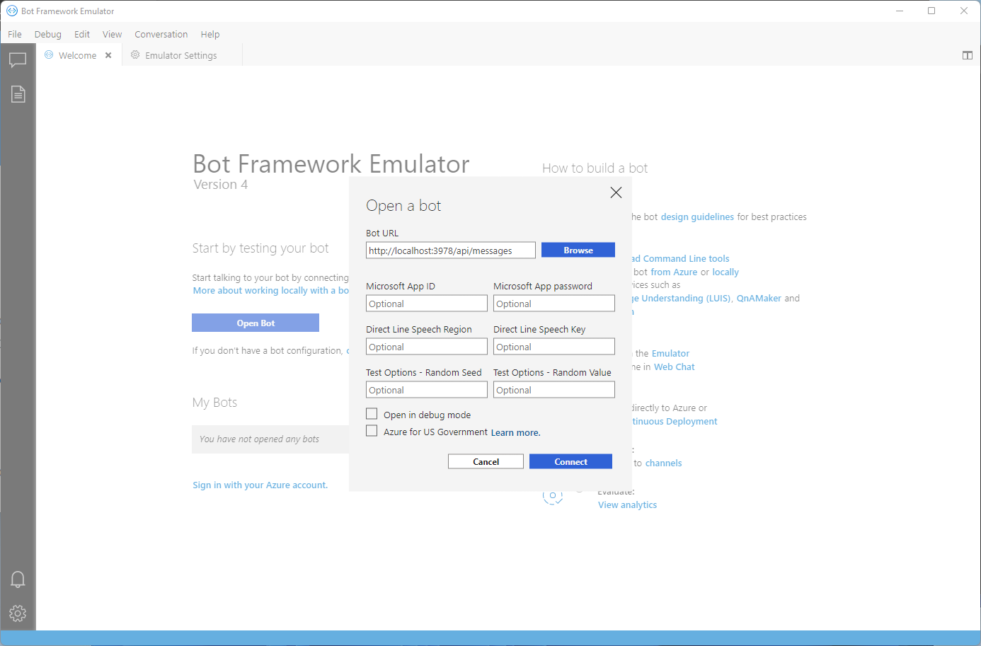 "Open a bot" dialog.