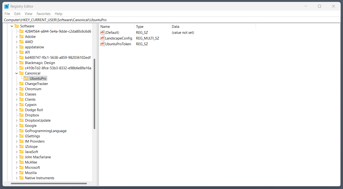 Windows registry showing UbuntuPro in tree.