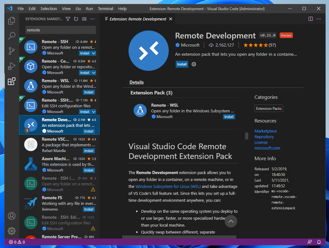 Installation page for the Remote Development Visual Studio Code extension.