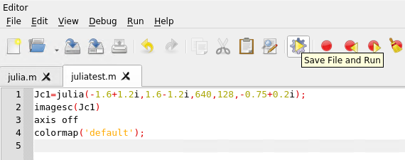 Octave graphical interface showing the "Save and Run button" for the julia test file.