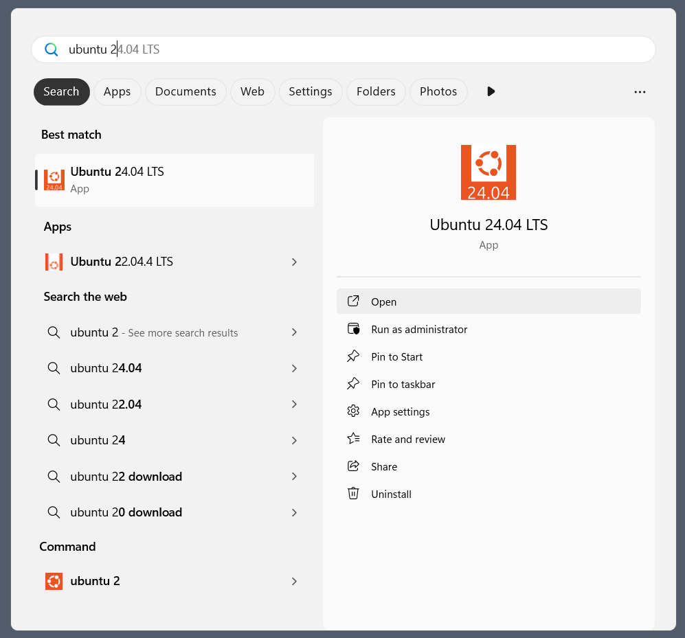 Search results for Ubuntu 24.04 LTS in Windows search bar.